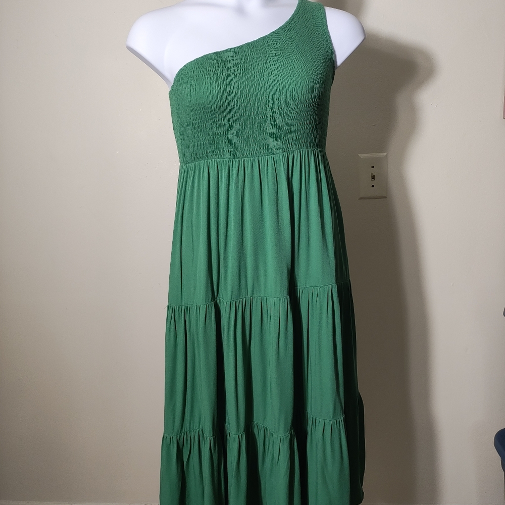 Anrabess One-Shoulder Stretchy Smocked Bodice GreenTiered Dress Large